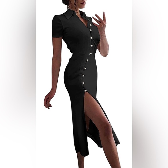 Women Collar Medium Sexy Button Split Dress - Picture 2 of 4
